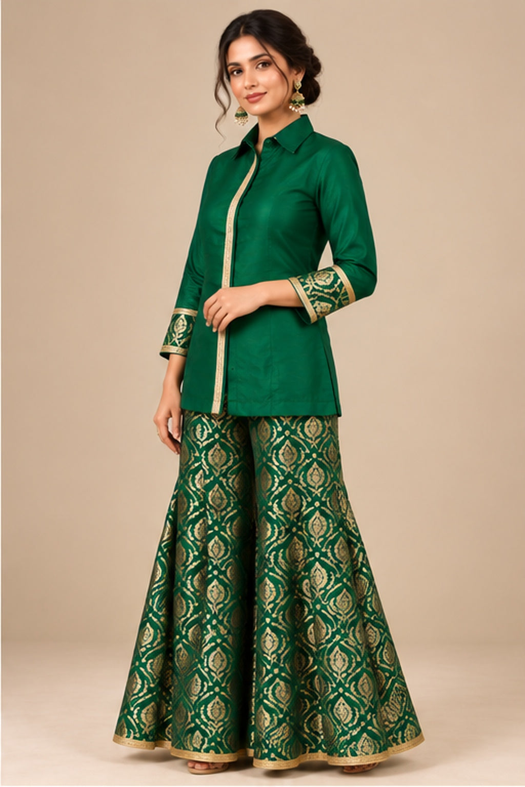Emerald Silk Shirt & Banarasi Brocade Sharara Set