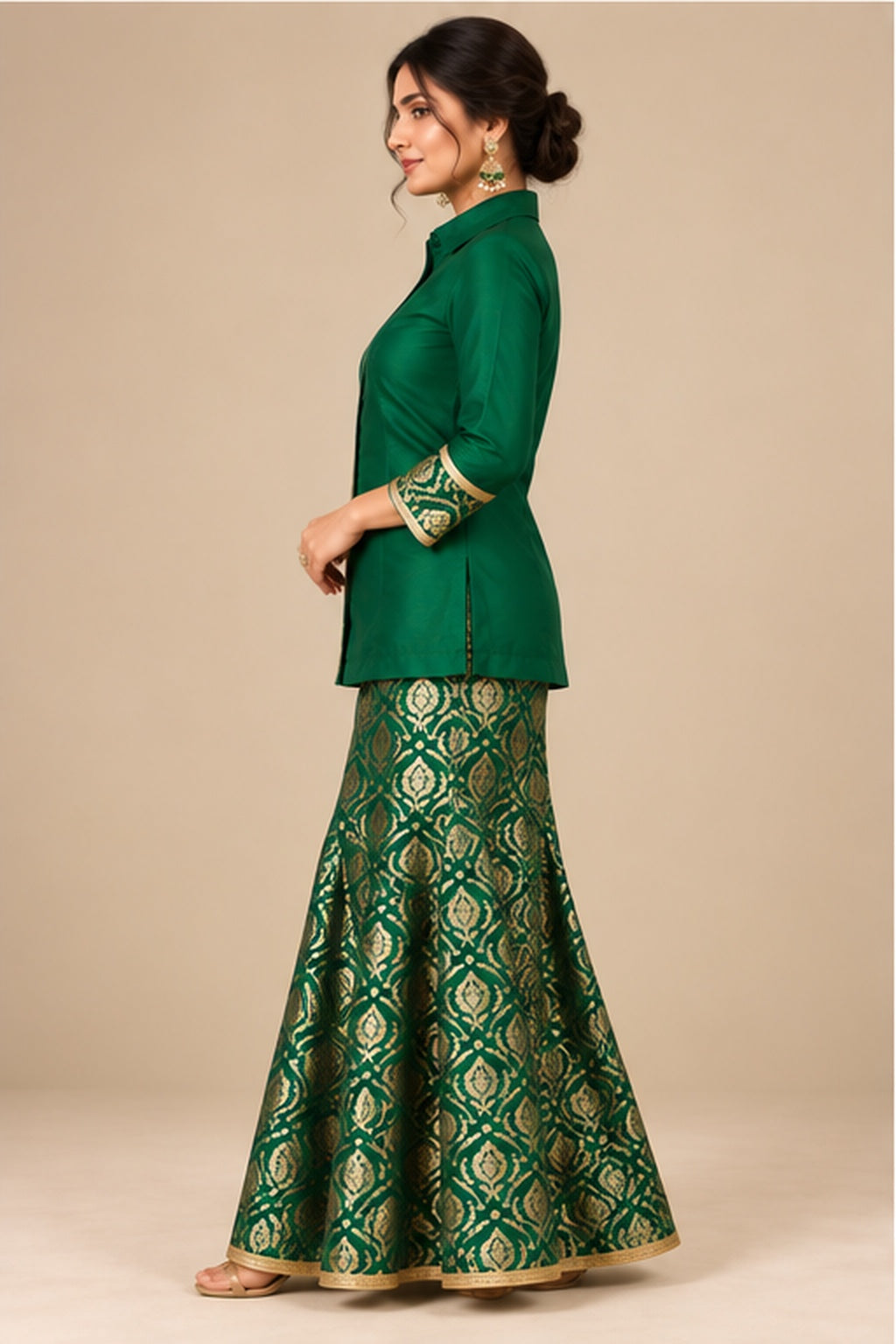 Emerald Silk Shirt & Banarasi Brocade Sharara Set