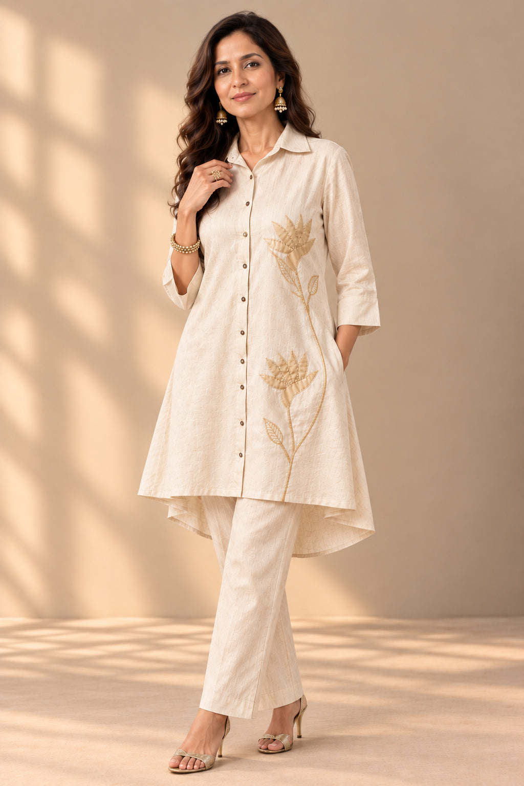 Natural Hemp Lotus Embroidered Co-ord Set