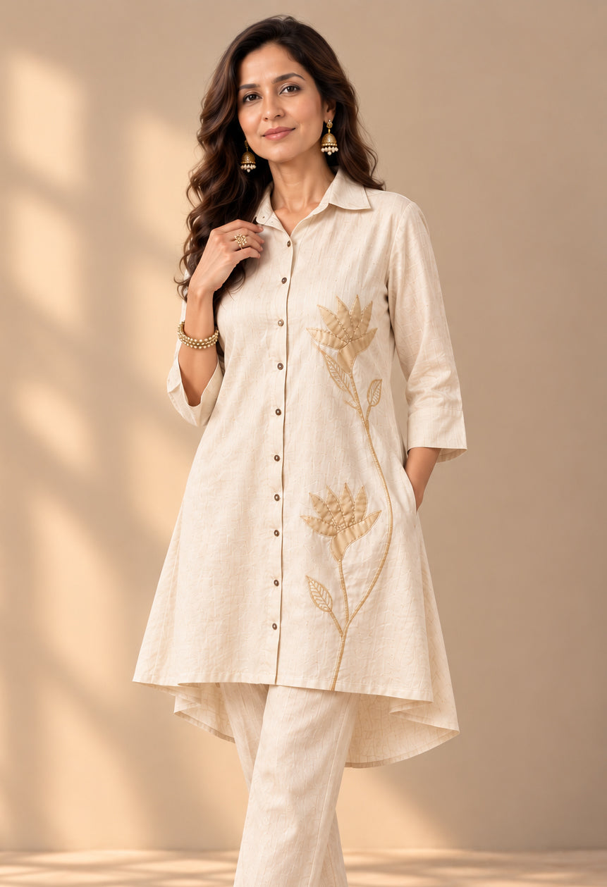 Natural Hemp Lotus Embroidered Co-ord Set