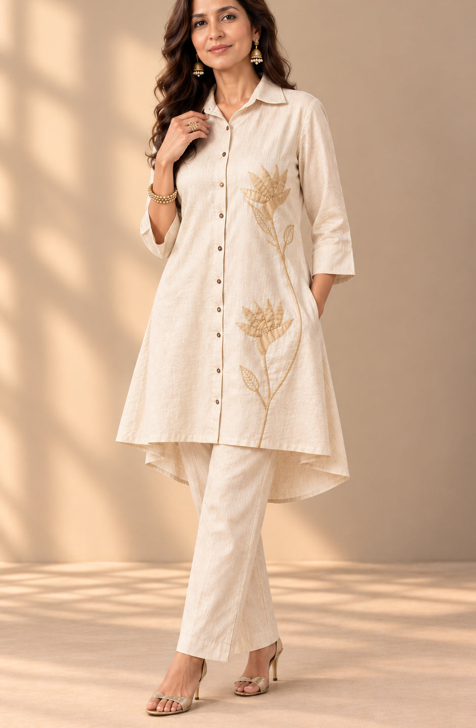 Natural Hemp Lotus Embroidered Co-ord Set