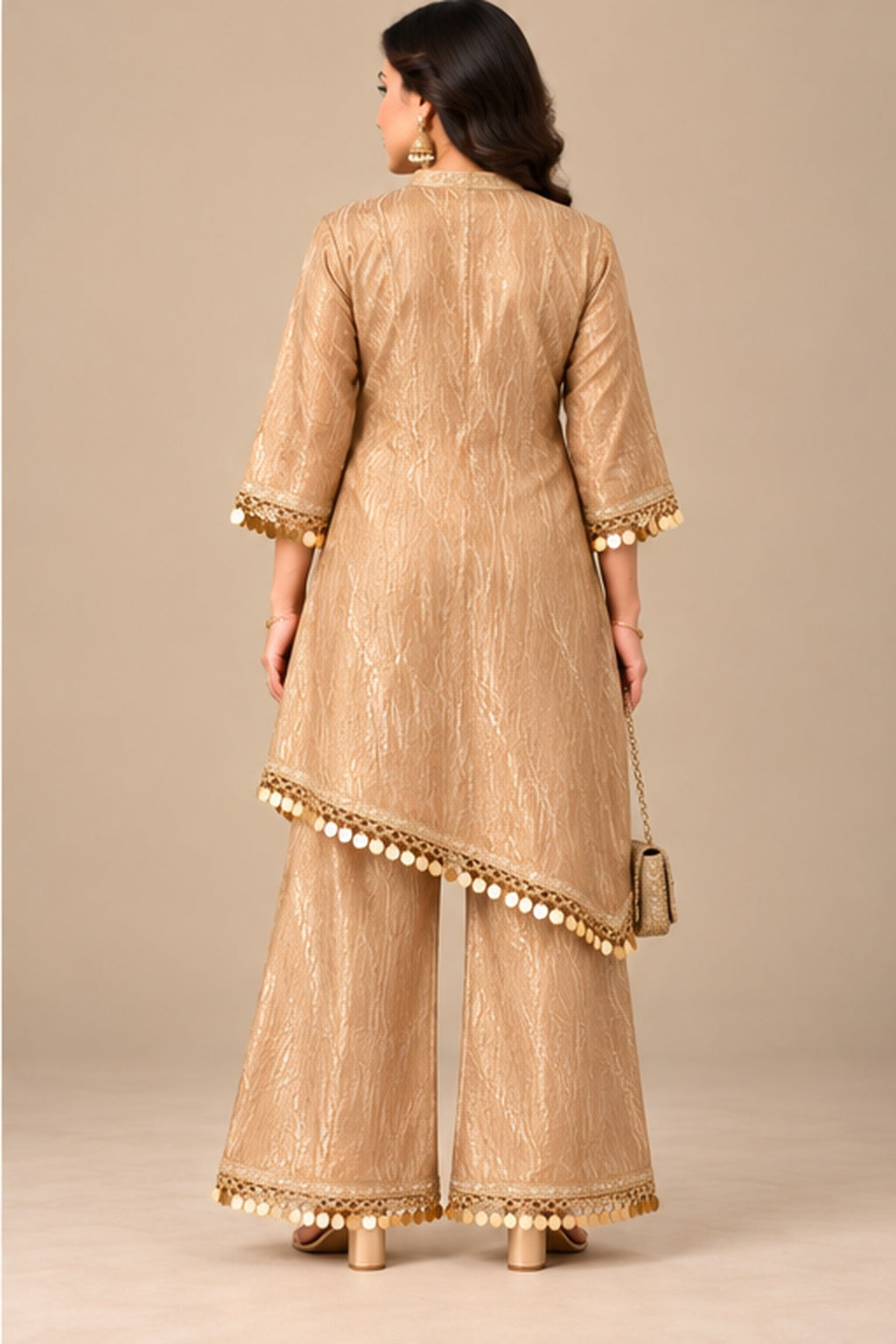 Gold Tissue Asymmetric Kurta Set
