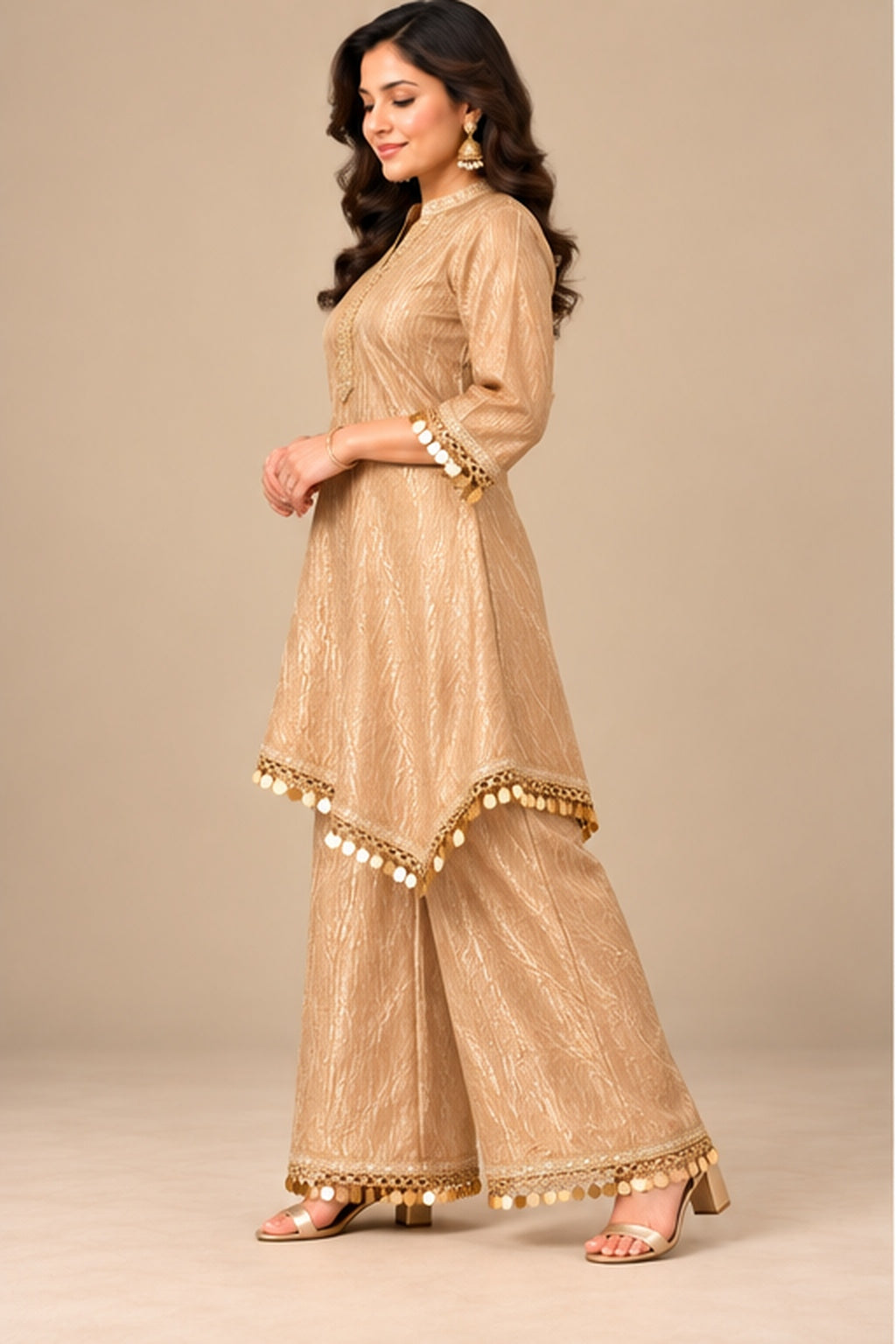 Gold Tissue Asymmetric Kurta Set