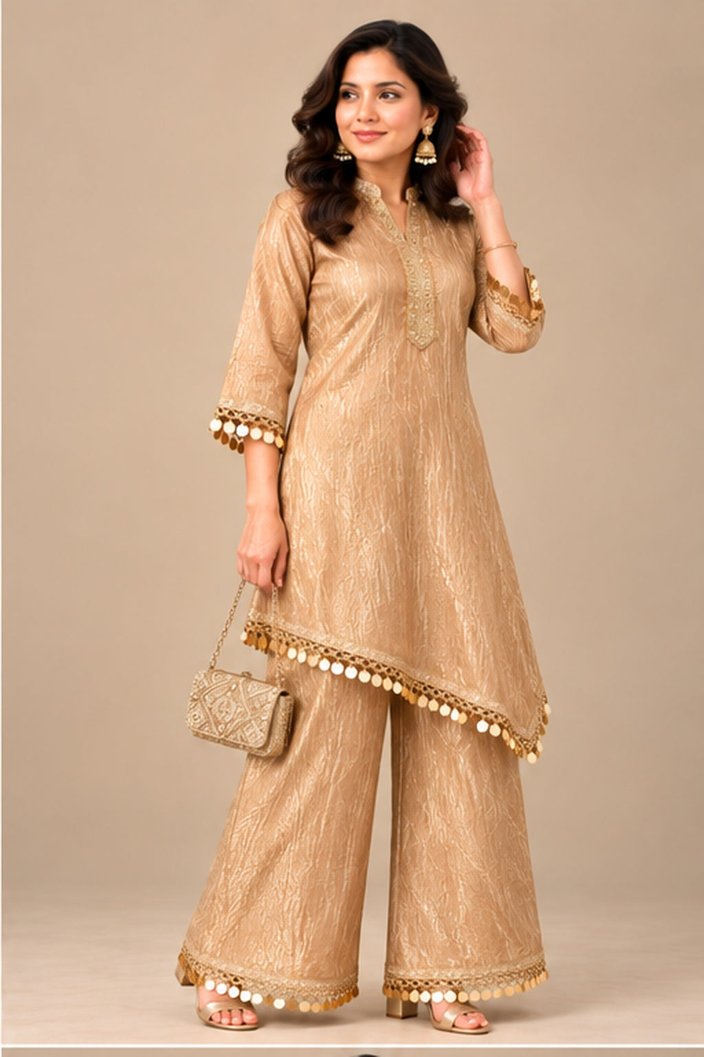 Gold Tissue Asymmetric Kurta Set