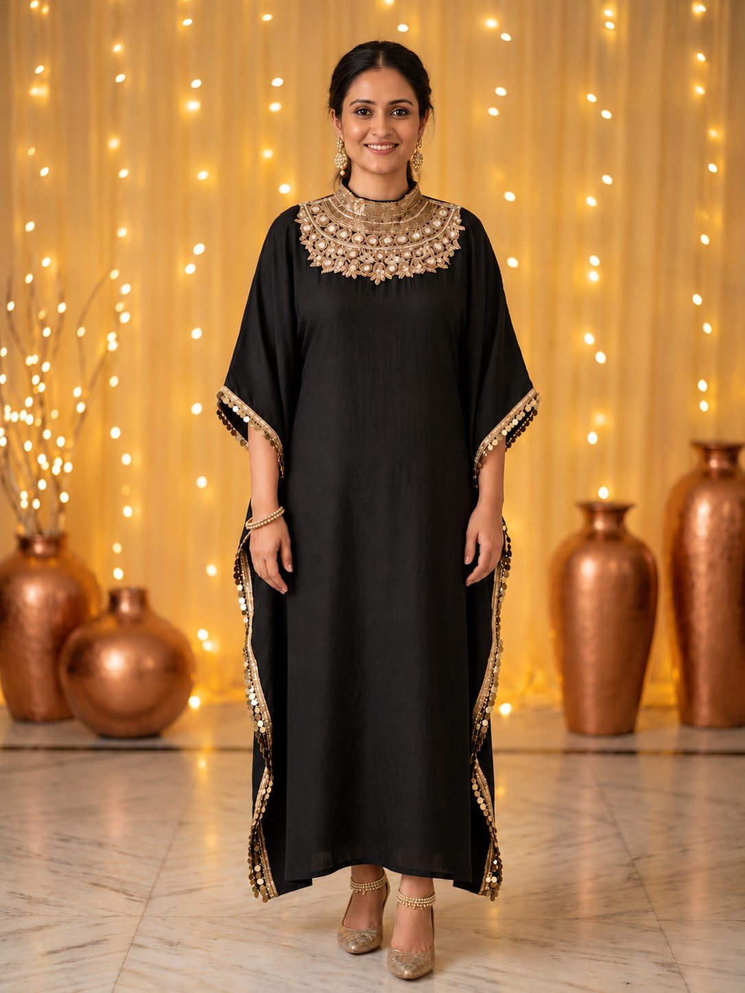 Black Kaftaan with Handcrafted Zari Embroidery