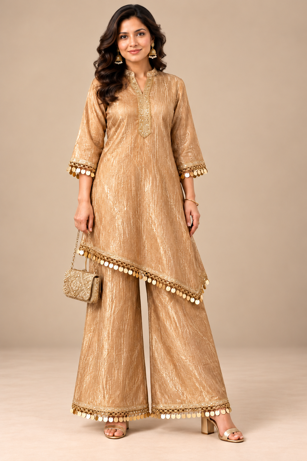 Gold Tissue Asymmetric Kurta Set