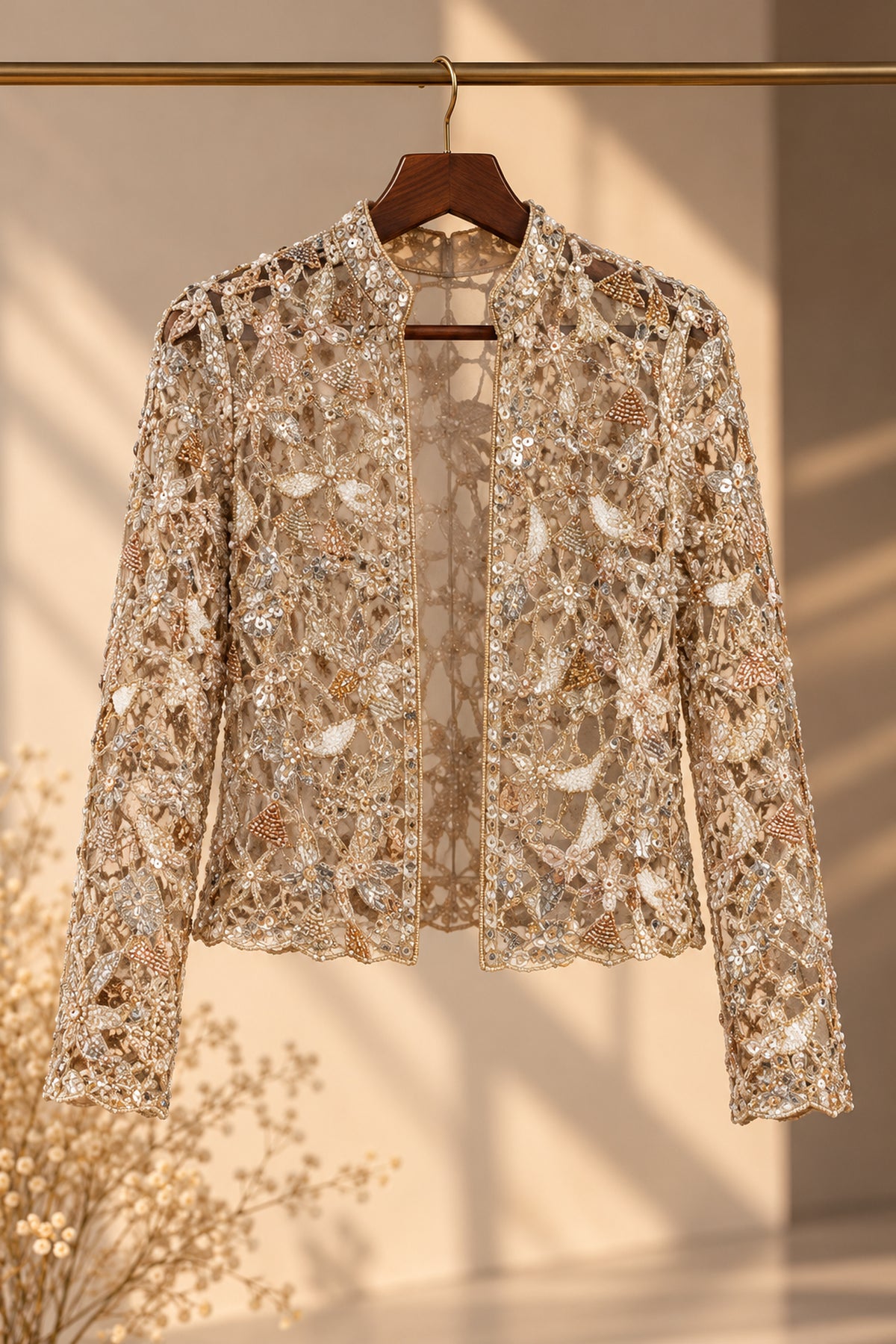 Champagne Gold Short Hand-Embroidered Sheer Jacket